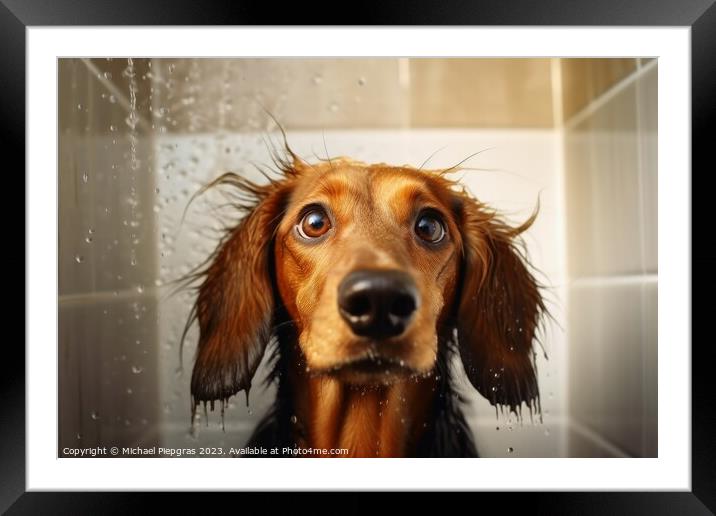A dog in the shower created with generative AI technology. Framed Mounted Print by Michael Piepgras