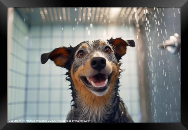 A dog in the shower created with generative AI technology. Framed Print by Michael Piepgras