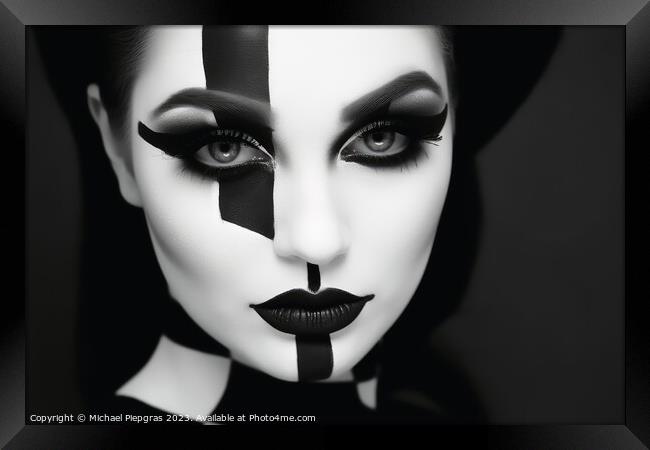 Portrait of a woman with a black and white makeup separating the Framed Print by Michael Piepgras