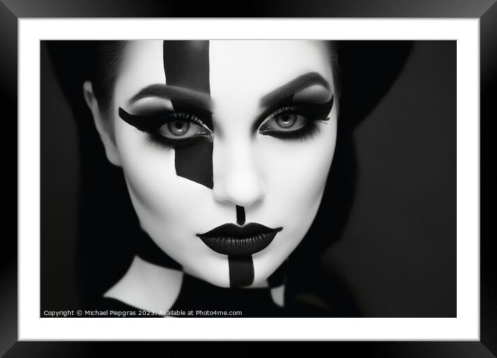 Portrait of a woman with a black and white makeup separating the Framed Mounted Print by Michael Piepgras