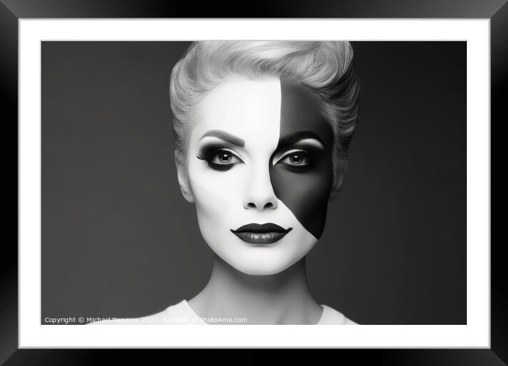 Portrait of a woman with a black and white makeup separating the Framed Mounted Print by Michael Piepgras