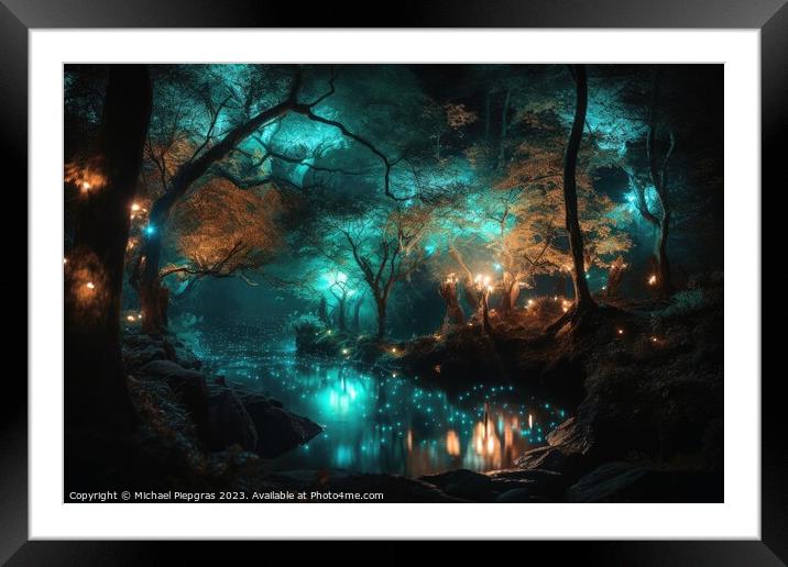 A fantasy forest with glowing lights and sparkling trees created Framed Mounted Print by Michael Piepgras