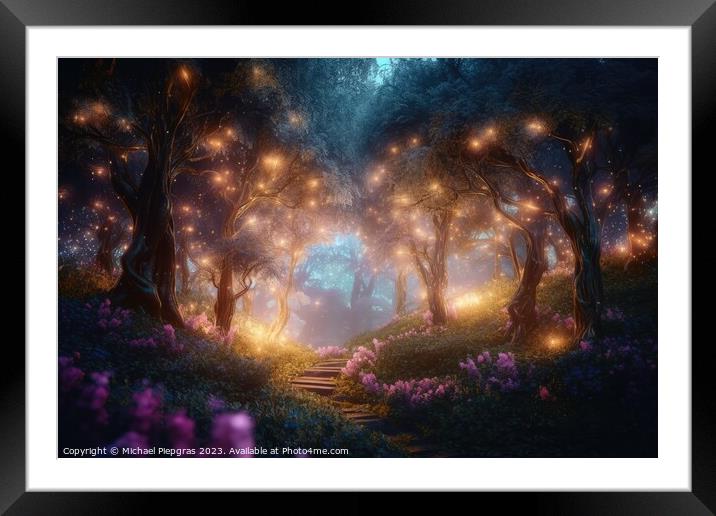 A fantasy forest with glowing lights and sparkling trees created Framed Mounted Print by Michael Piepgras