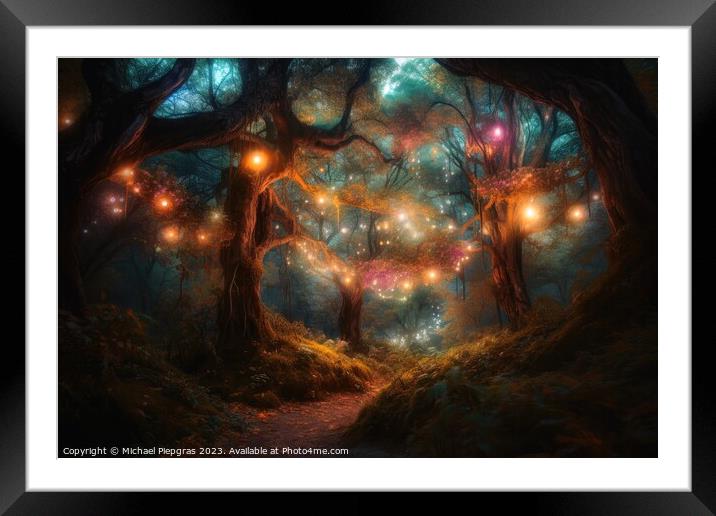 A fantasy forest with glowing lights and sparkling trees created Framed Mounted Print by Michael Piepgras