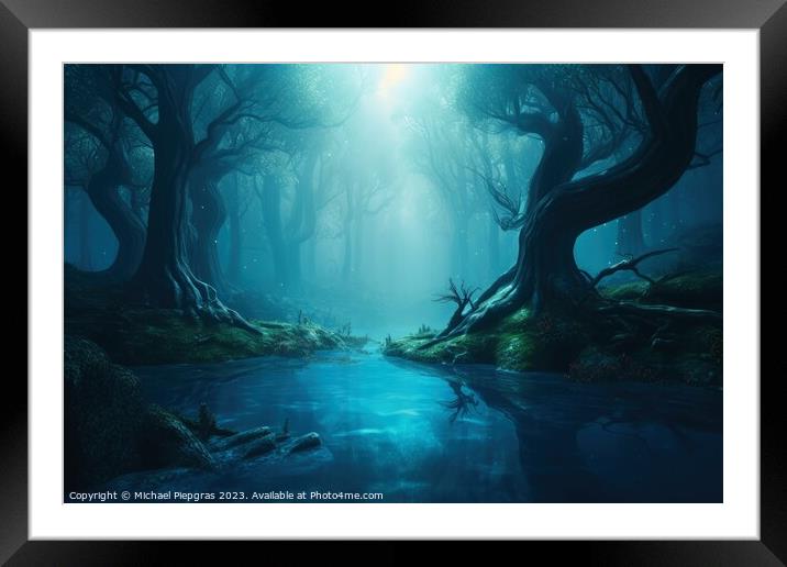 A fantasy forest with trees and water created with generative AI Framed Mounted Print by Michael Piepgras