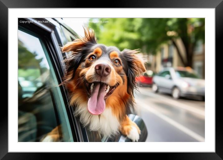 A funny dog out of a car window created with generative AI techn Framed Mounted Print by Michael Piepgras
