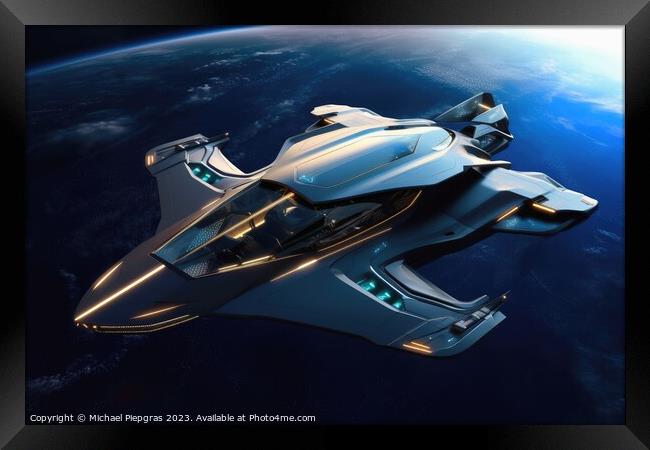 A futuristic aircraft in space with planet earth in the backgrou Framed Print by Michael Piepgras