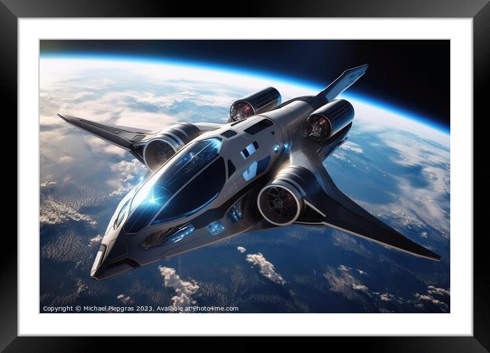 A futuristic aircraft in space with planet earth in the backgrou Framed Mounted Print by Michael Piepgras