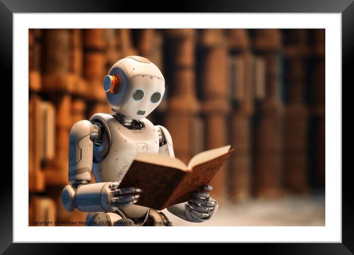 A kid AI Robot reading a book created with generative AI technol Framed Mounted Print by Michael Piepgras