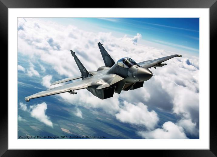 A military jet in the air created with generative AI technology. Framed Mounted Print by Michael Piepgras