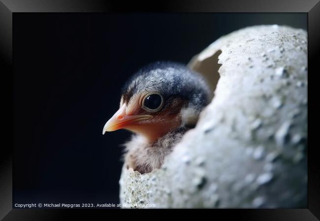 A new born bird looking out of an egg shell created with generative AI technology Framed Print by Michael Piepgras