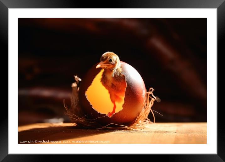 A new born bird looking out of an egg shell created with generative AI technology Framed Mounted Print by Michael Piepgras