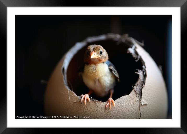 A new born bird looking out of an egg shell created with generative AI technology Framed Mounted Print by Michael Piepgras