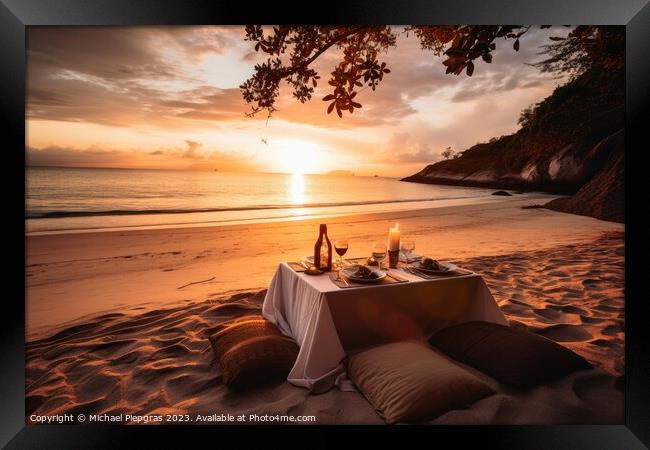 A romantic picnic on a tropical beach at sunset created with gen Framed Print by Michael Piepgras