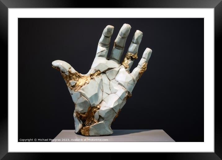 A sculpture of a broken human hand created with generative AI te Framed Mounted Print by Michael Piepgras
