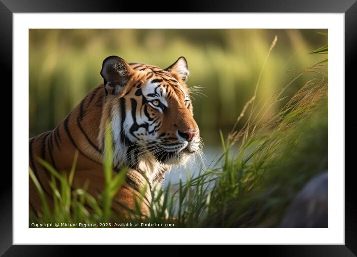 A strong tiger in the high grass at a river created with generat Framed Mounted Print by Michael Piepgras