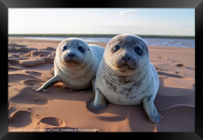 Baby seals on the beach created with generative AI technology. Framed Print by Michael Piepgras