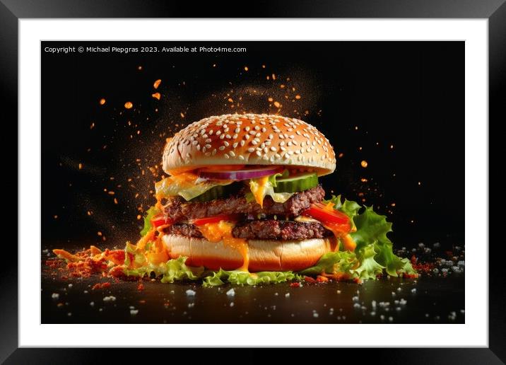 Exploding burger on a dark background created with generative AI Framed Mounted Print by Michael Piepgras