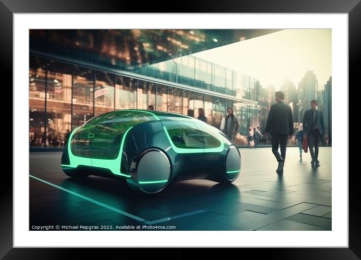 Futuristic electric car in a green city created with generative  Framed Mounted Print by Michael Piepgras