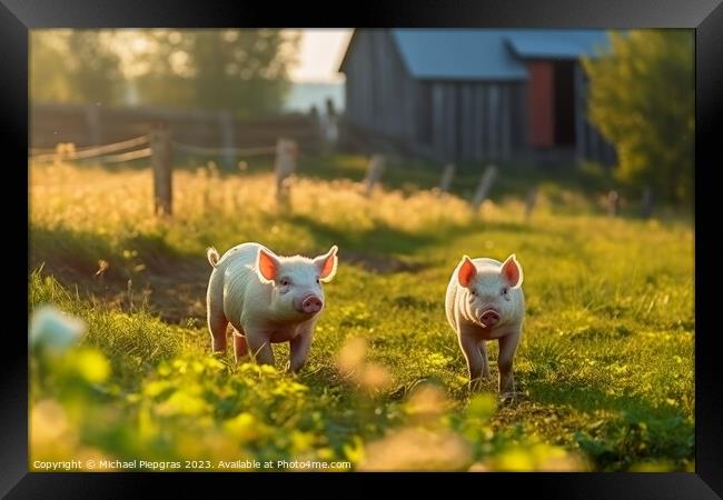 Pigs on a green meadow on a farm created with generative AI tech Framed Print by Michael Piepgras