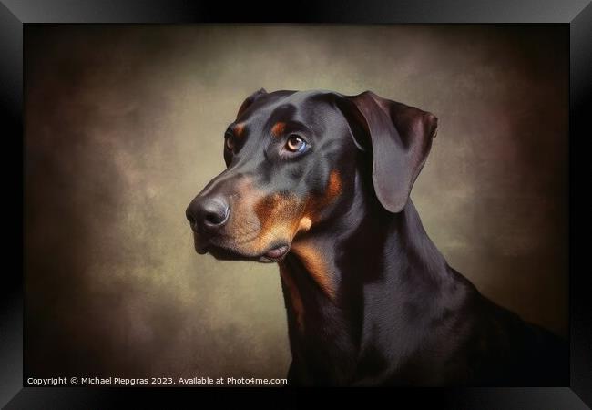 Portrait of a cute doberman dog created with generative AI techn Framed Print by Michael Piepgras