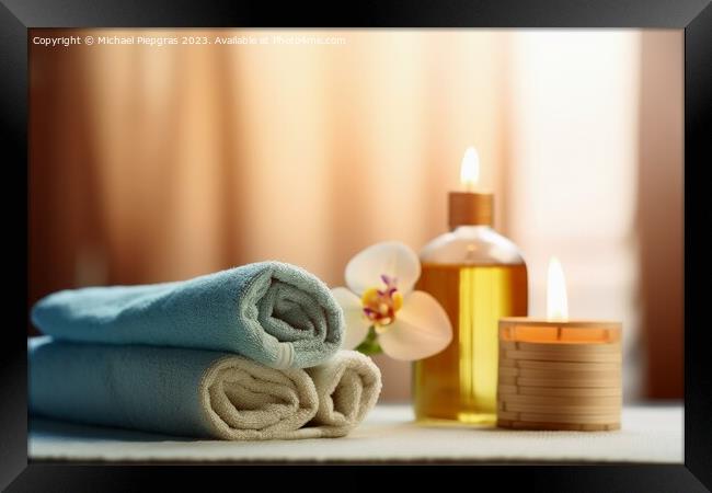 Spa towel and candle concept created with generative AI technolo Framed Print by Michael Piepgras