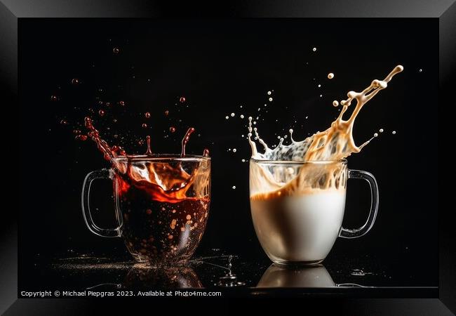 Splashing Coffee and Milk created with generative AI technology. Framed Print by Michael Piepgras