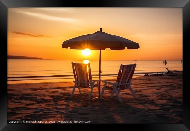 Two beach chairs and a little table with a colorful parasol dire Framed Print by Michael Piepgras