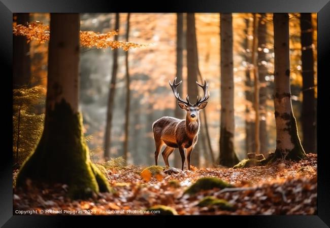 Wild deer in a forest created with generative AI technology. Framed Print by Michael Piepgras