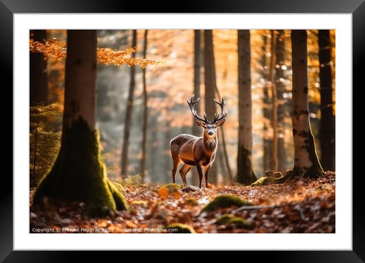 Wild deer in a forest created with generative AI technology. Framed Mounted Print by Michael Piepgras