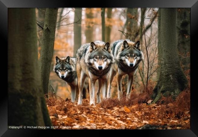 Wild wolves in a forest created with generative AI technology. Framed Print by Michael Piepgras