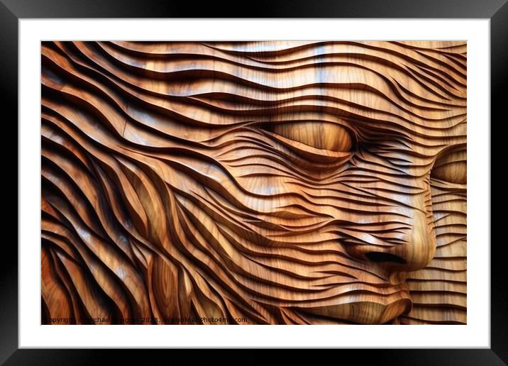 Wooden womans face sculpture created with generative AI technolo Framed Mounted Print by Michael Piepgras