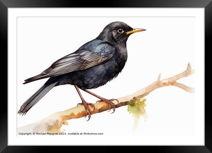 Watercolor Blackbird on a white background created with generati Framed Mounted Print by Michael Piepgras