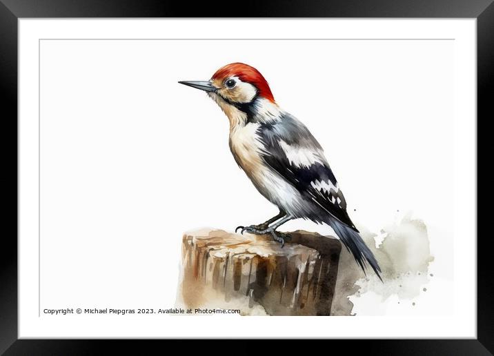Watercolor spotted woodpecker on a white background created with Framed Mounted Print by Michael Piepgras