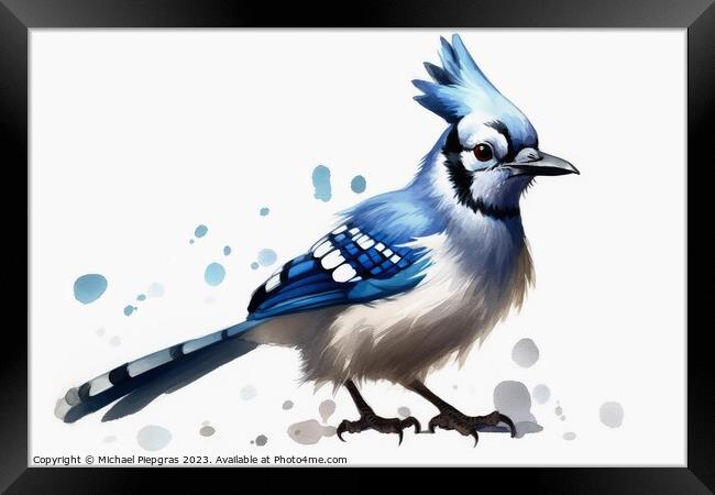 Watercolor painted jay bird on a white background. Framed Print by Michael Piepgras