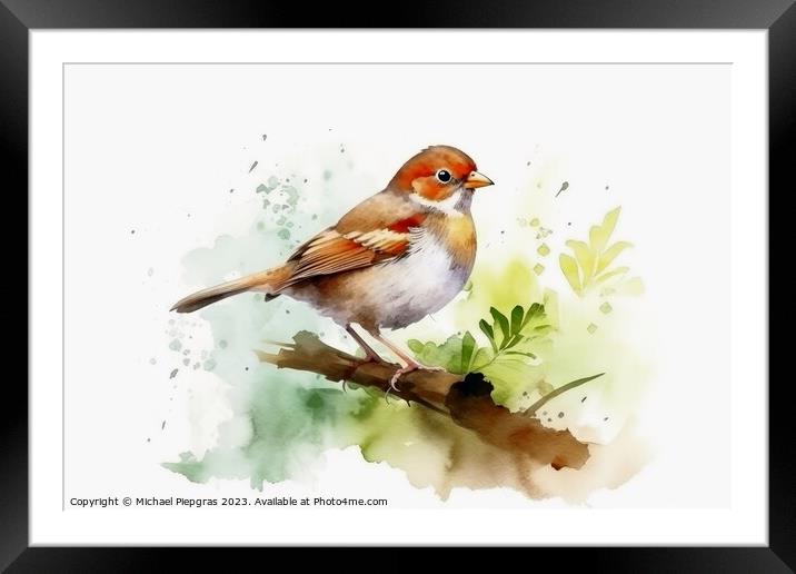 Watercolor painted field sparrow on a white background. Framed Mounted Print by Michael Piepgras