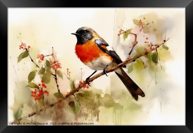 Watercolor painted garden redstart on a white background. Framed Print by Michael Piepgras
