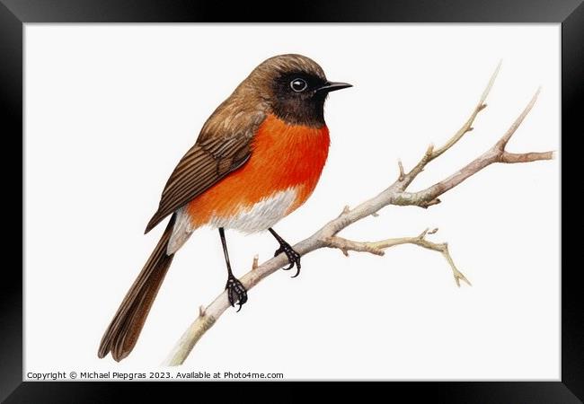 Watercolor painted garden redstart on a white background. Framed Print by Michael Piepgras