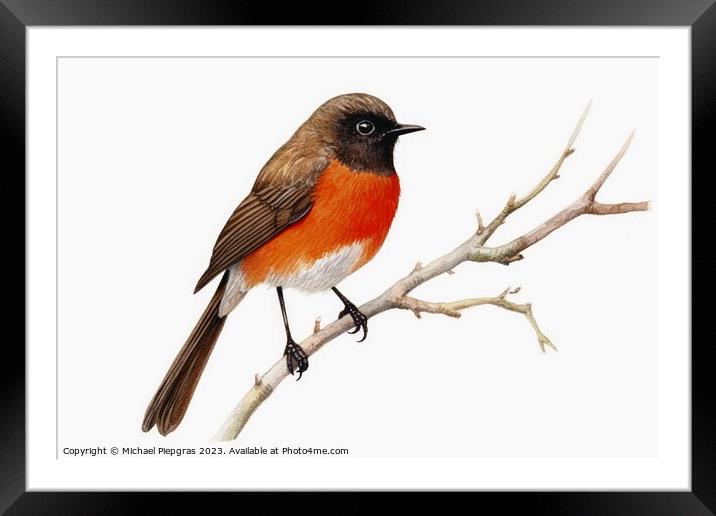 Watercolor painted garden redstart on a white background. Framed Mounted Print by Michael Piepgras
