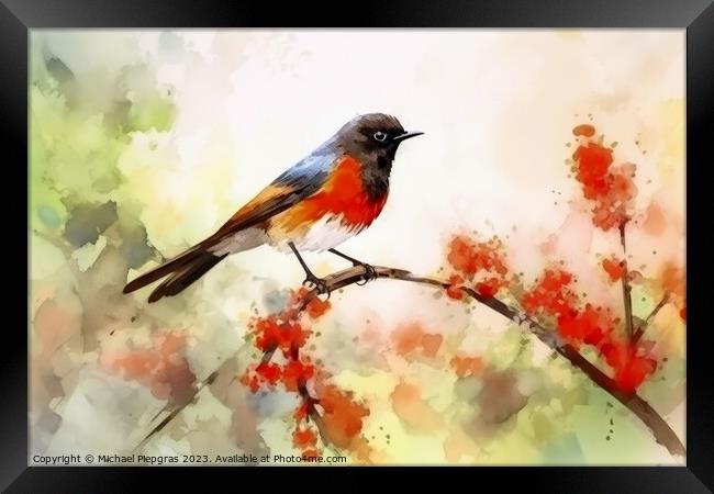Watercolor painted garden redstart on a white background. Framed Print by Michael Piepgras