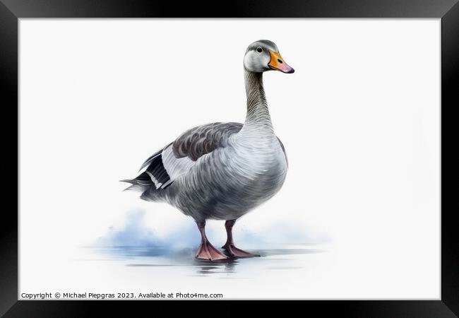 Watercolor painted grey goose on a white background. Framed Print by Michael Piepgras