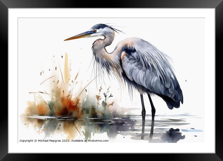 Watercolor painted grey heron on a white background. Framed Mounted Print by Michael Piepgras