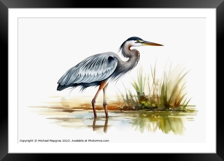 Watercolor painted grey heron on a white background. Framed Mounted Print by Michael Piepgras