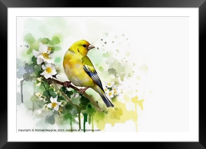 Watercolor painted greenfinch on a white background. Framed Mounted Print by Michael Piepgras