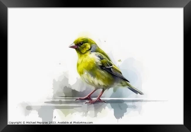 Watercolor painted greenfinch on a white background. Framed Print by Michael Piepgras