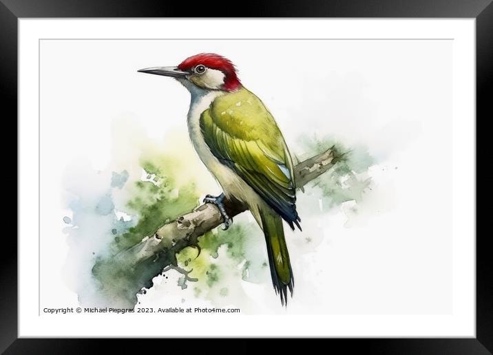Watercolor painted green woodpecker on a white background. Framed Mounted Print by Michael Piepgras