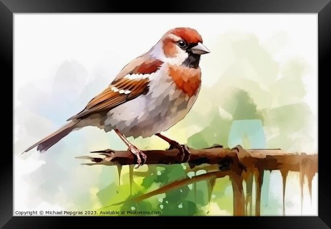 Watercolor painted house sparrow on a white background. Framed Print by Michael Piepgras