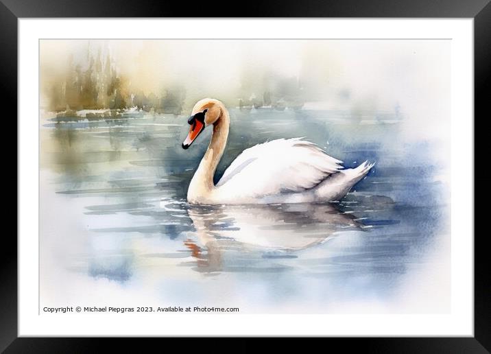 Watercolor painted white swan on a white background. Framed Mounted Print by Michael Piepgras