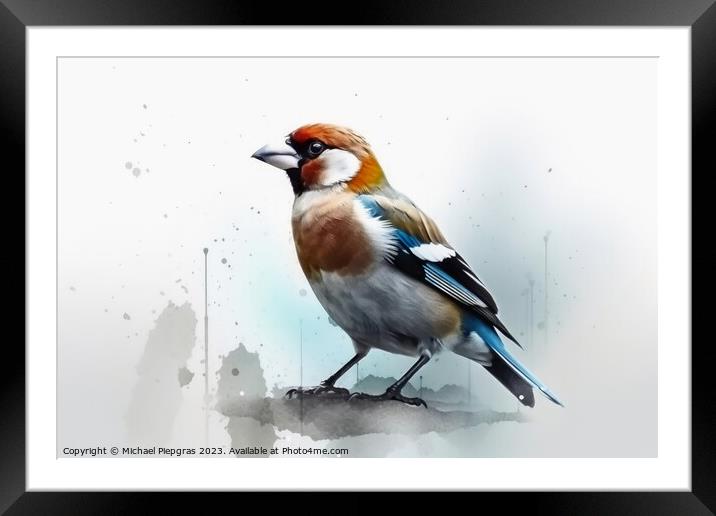 Watercolor painted hawfinch on a white background. Framed Mounted Print by Michael Piepgras