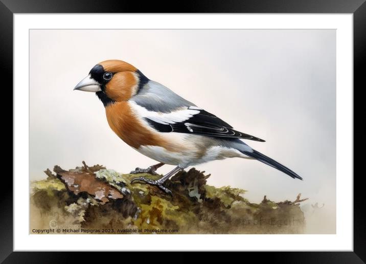 Watercolor painted hawfinch on a white background. Framed Mounted Print by Michael Piepgras